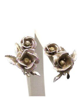 Ear Climber Rose Earrings, Silver Tone Textured Flowers with Crystal Centers